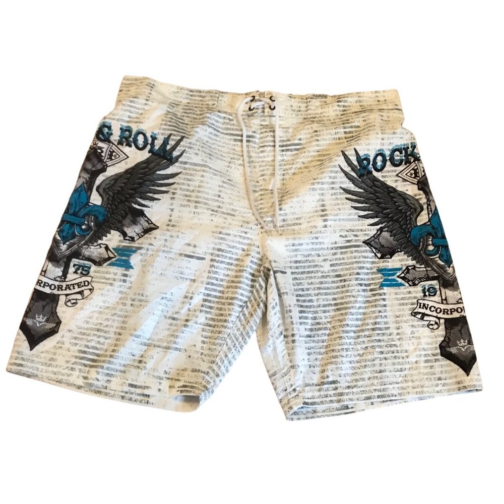 Urban Vintage Mens Swim Trunks Rock & Roll  XL White Gray Blue